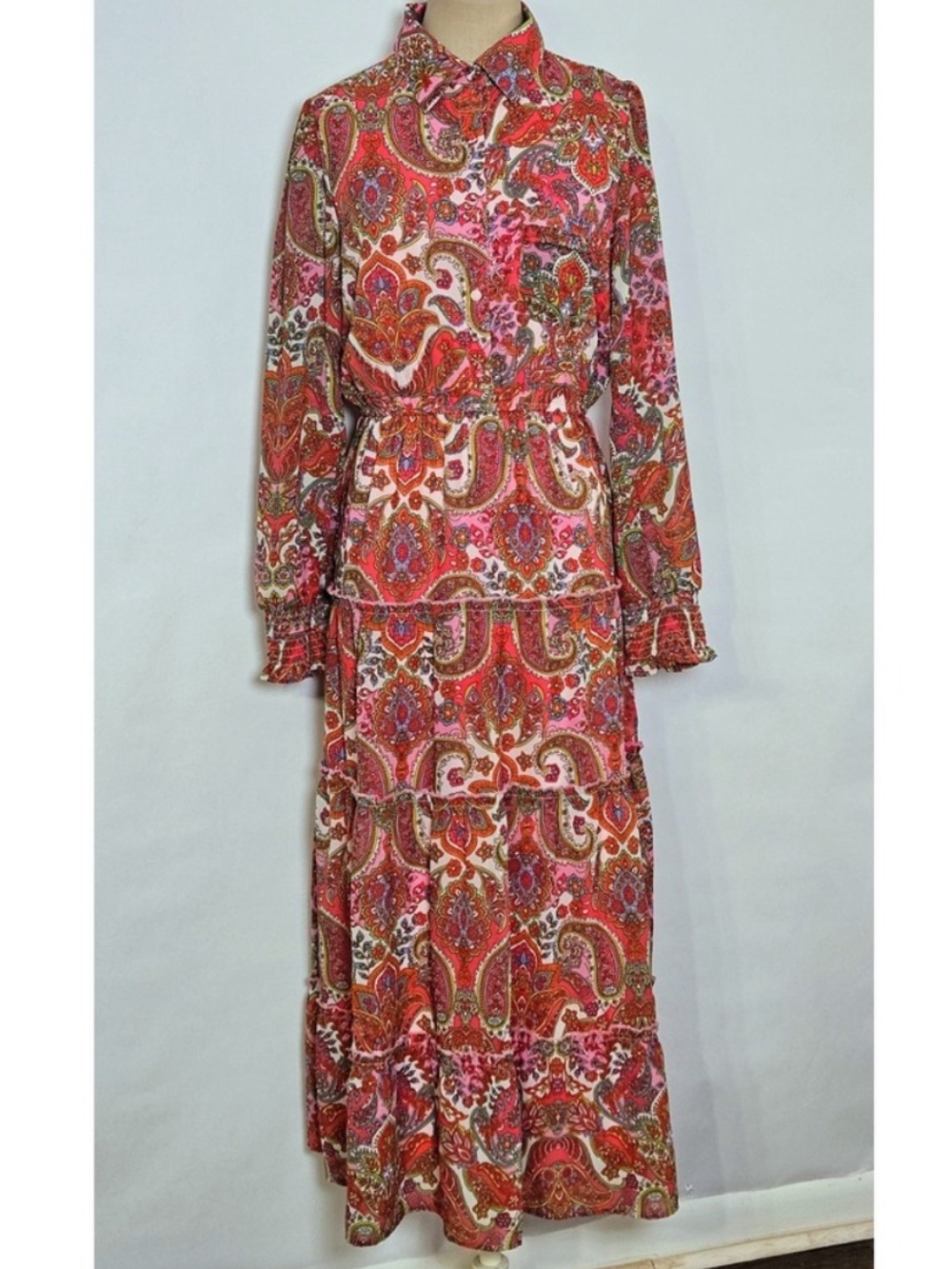 Harlow & Rose • Paisley Print Long-sleeve Midi Dress (Missing Belt)